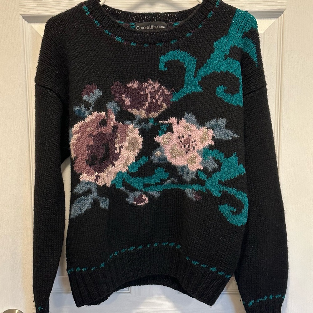 Carole Little For Saint-Tropez West Women’s Hand Knit Sweater Black Floral